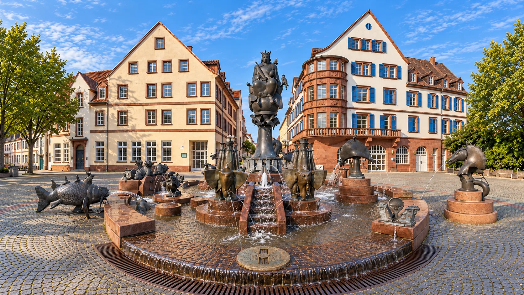 Kaiserbrunnen in Kaiserslautern mit historischen Fassaden