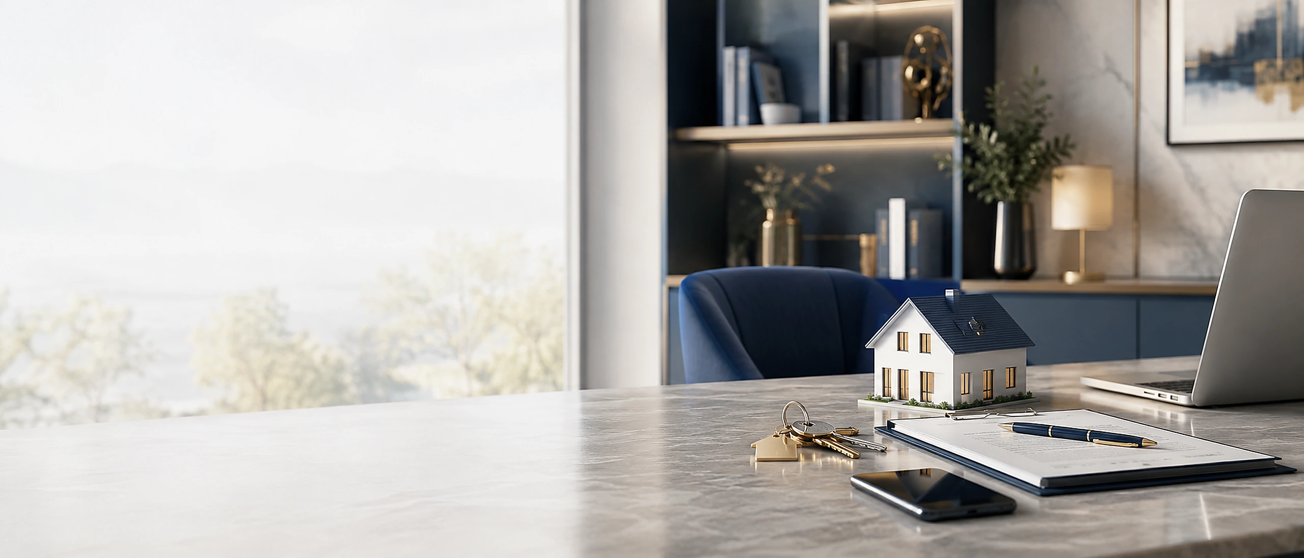 Beratungstisch mit Hausmodell als Kontakt- und Kooperationsmotiv von Pfalzblick Immobilien
