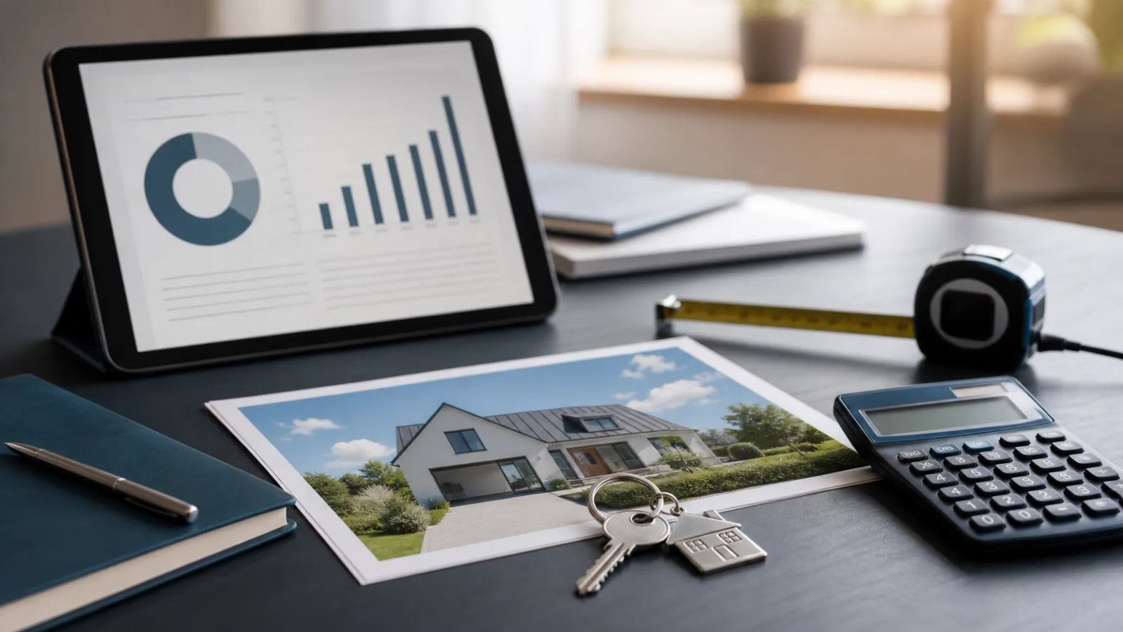 Arbeitsplatz zur Immobilienbewertung mit Rechner, Unterlagen und Hausschluessel