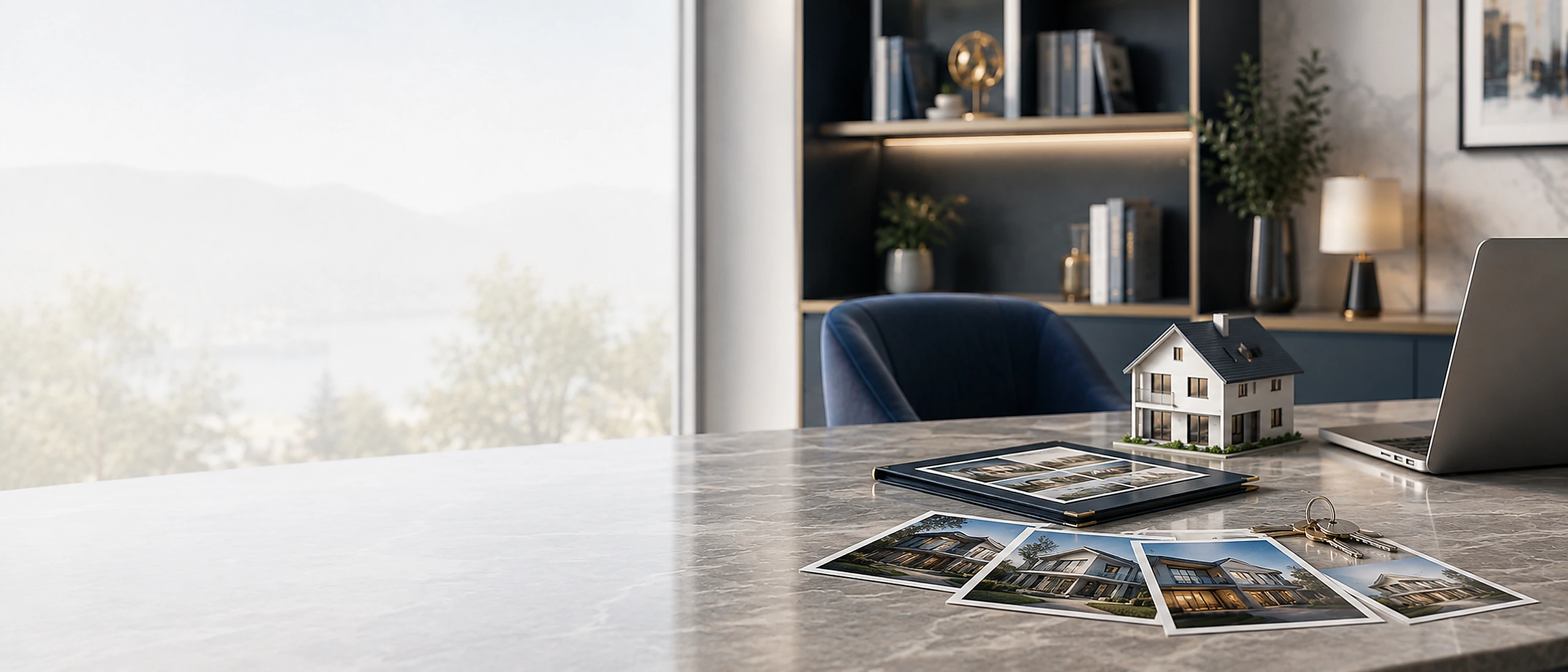 Immobilienunterlagen und Hausmodell als Referenzmotiv von Pfalzblick Immobilien